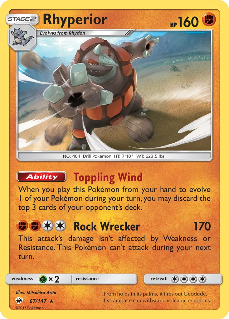 2017 Burning Shadows Rhyperior Rare Holo #067/147 Rare Holo card image