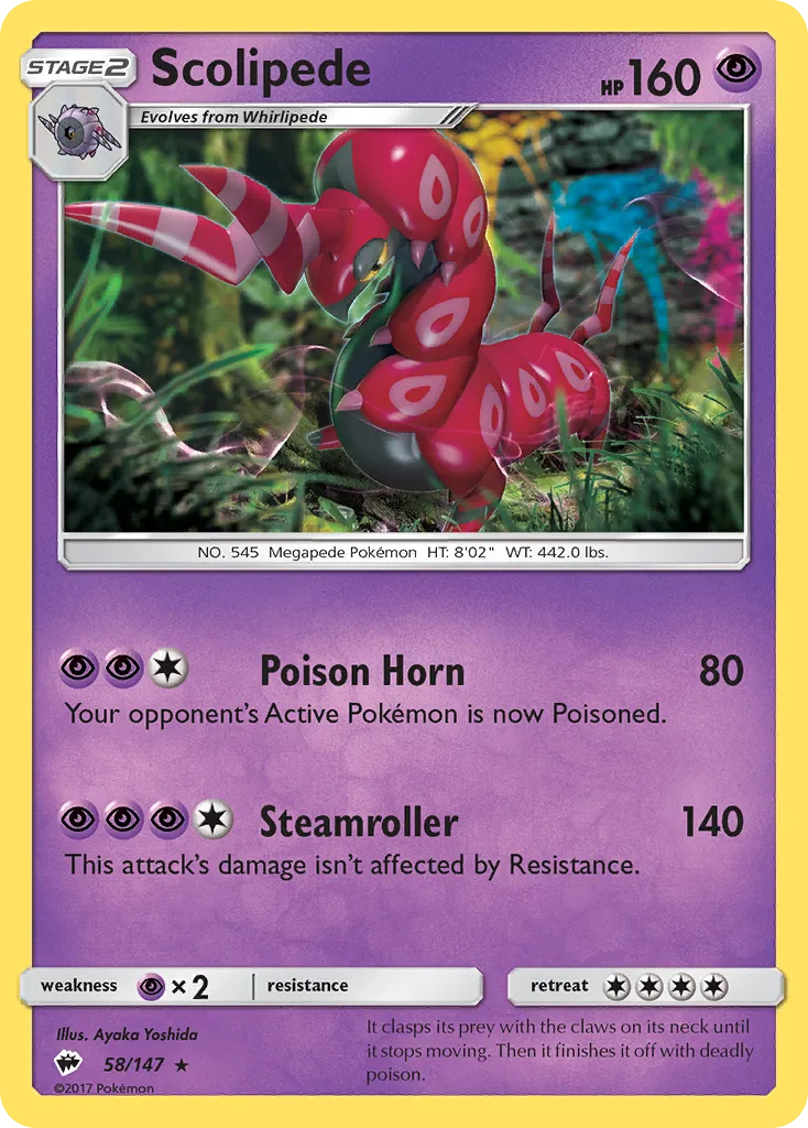 2017 Burning Shadows Scolipede Rare #058/147 Rare card image