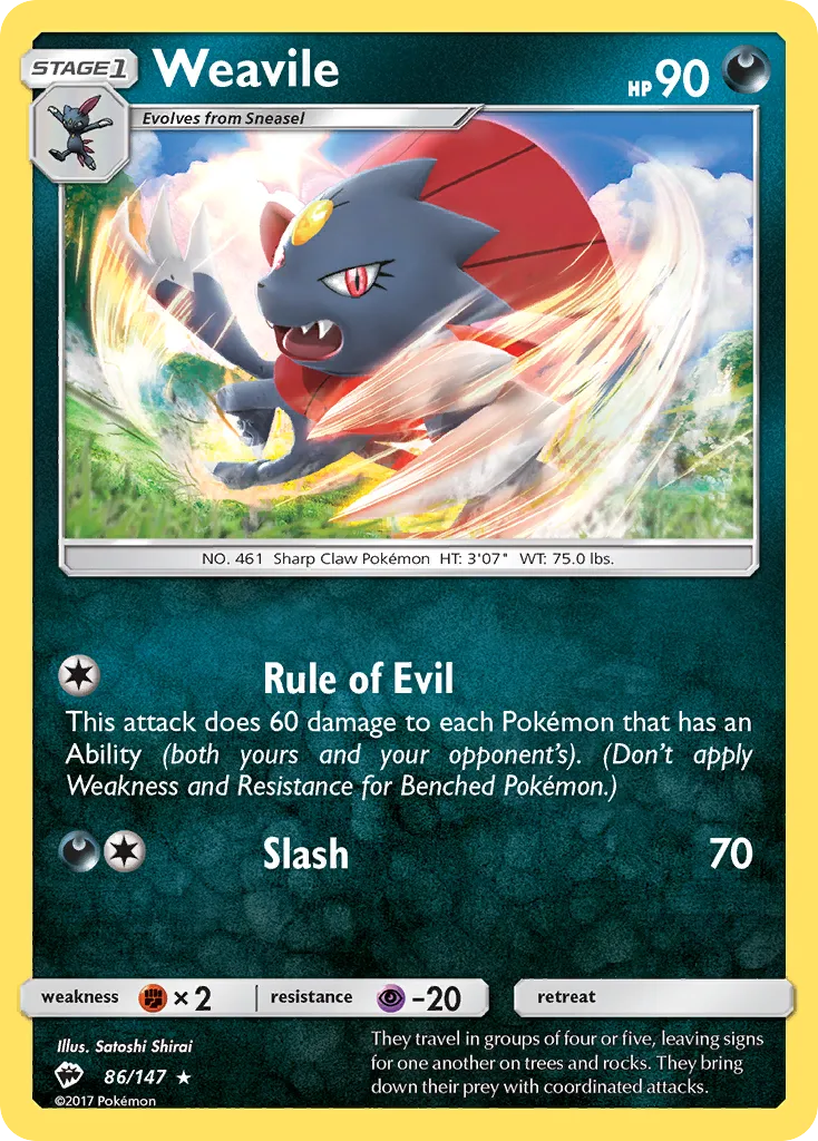 2017 Burning Shadows Weavile Rare #086/147 Rare card image