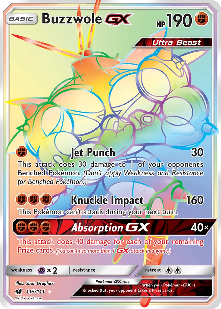 2017 Crimson Invasion Buzzwole-GX #115/111 Rare Rainbow card image
