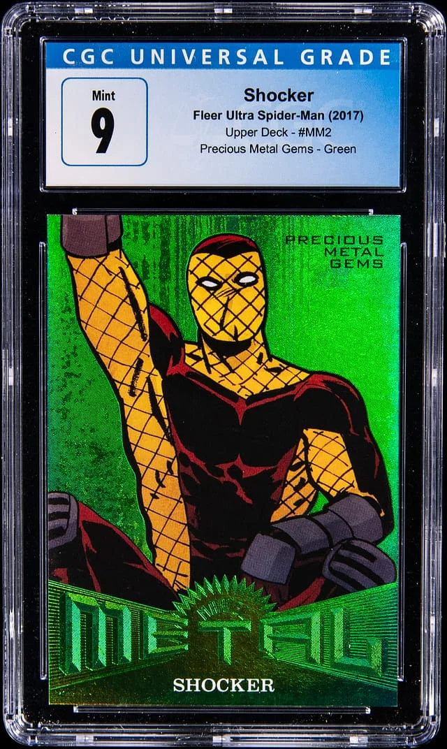 2017 Fleer Ultra Shocker Spider Man Precious Metal Gems (PMG) Green #MM2 card image