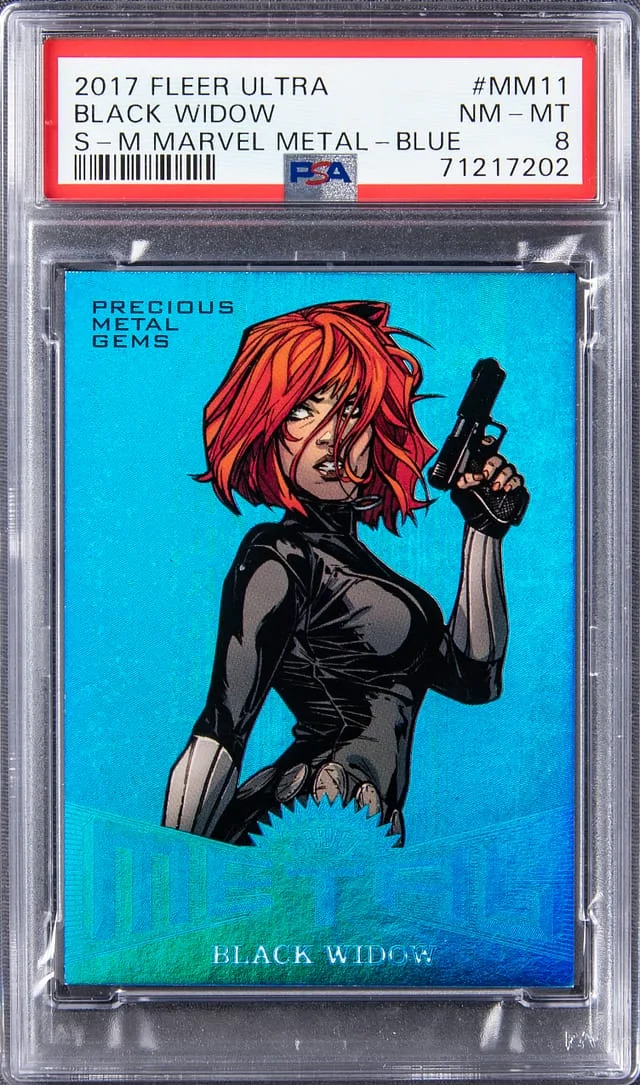 2017 Fleer Ultra Spider-Man Black Widow Marvel Metal Precious Metal Gems (PMG) Blue #MM11 card image