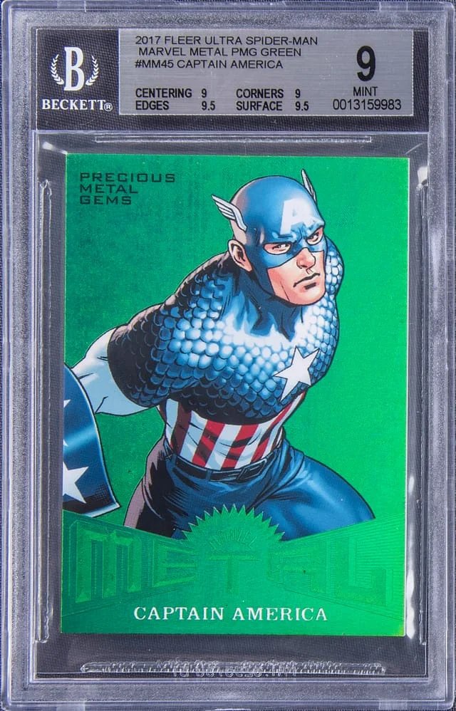 2017 Fleer Ultra Spider-Man Captain America Marvel Metal PMG Green #MM4S card image