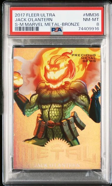 2017 Fleer Ultra Spider-Man Jack O'Lantern Marvel Metals Bronze #Mm36 card image