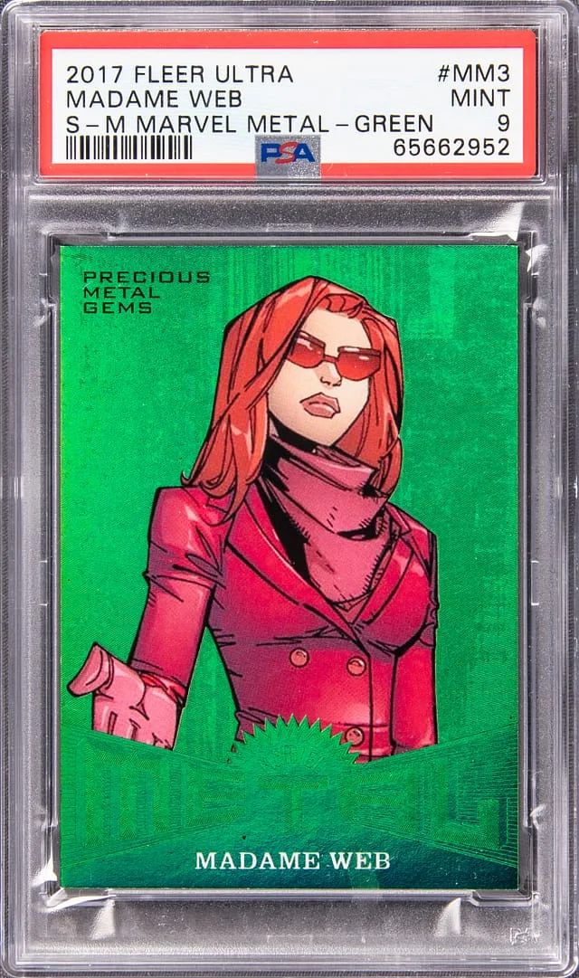 2017 Fleer Ultra Spider-Man Madame Web Marvel Metal Precious Metal Gems (PMG) Green #MM3 card image