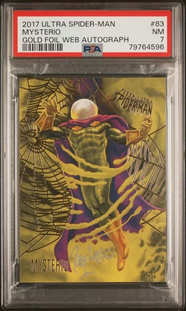 2017 Fleer Ultra Spider-Man Mysterio Gold Foil Web Autograph #83 card image