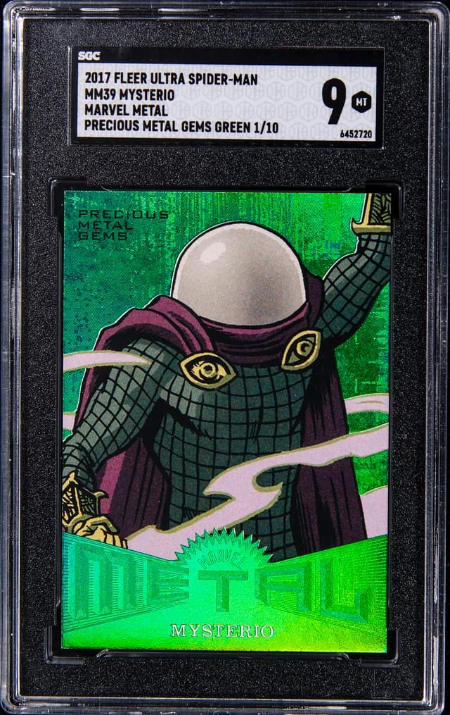 2017 Fleer Ultra Spider-Man Mysterio Marvel Metal Precious Metal Gems (PMG) Green #MM39 card image