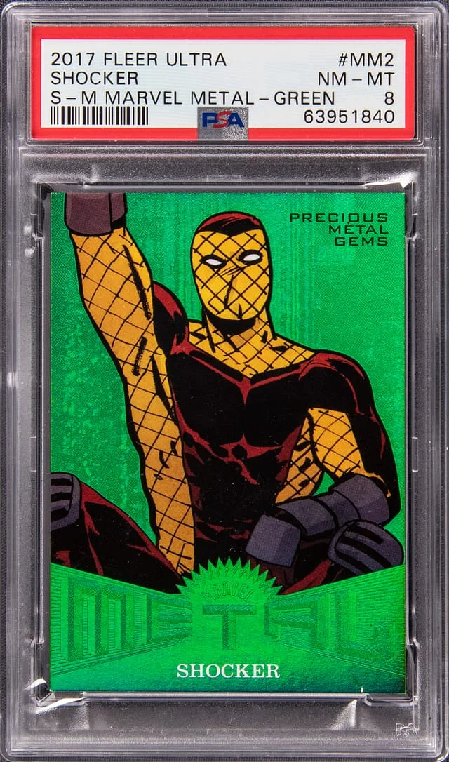2017 Fleer Ultra Spider-Man Shocker Marvel Metal PMG Gold #MM2 card image