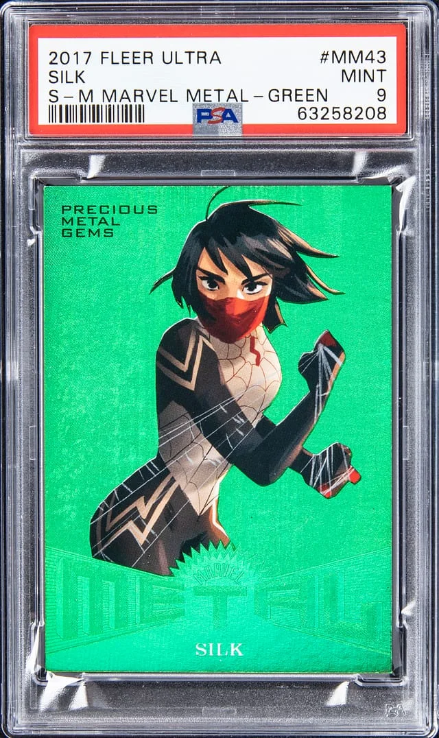 2017 Fleer Ultra Spider-Man Silk Marvel Metal Precious Metal Gems (PMG) Green #MM43 card image
