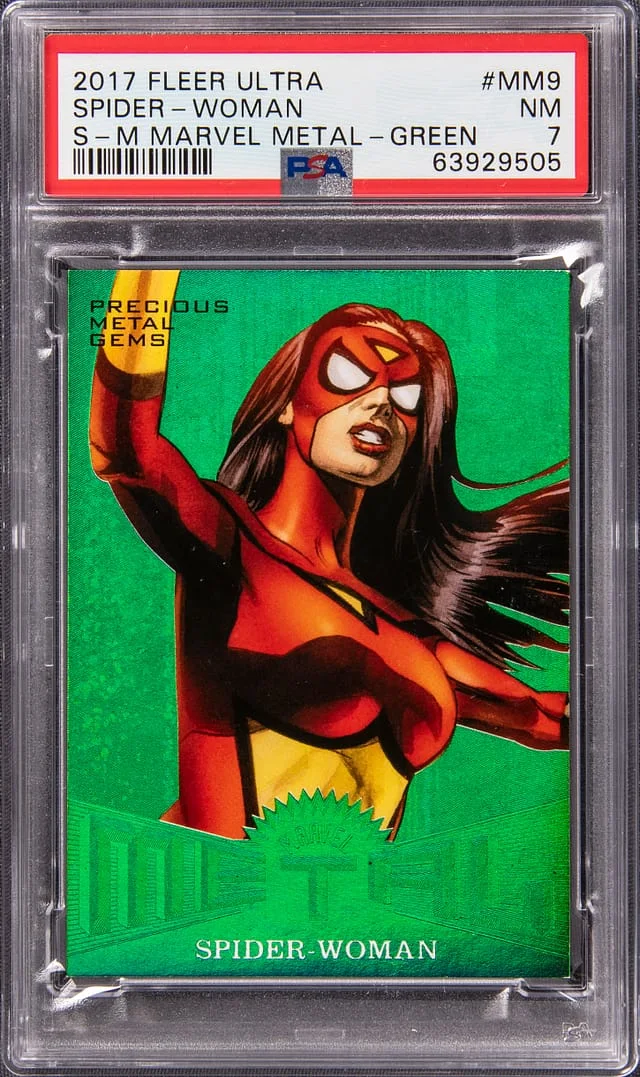 2017 Fleer Ultra Spider-Man Spider-Woman Marvel Metal Precious Metal Gems (PMG) Green #MM9 card image