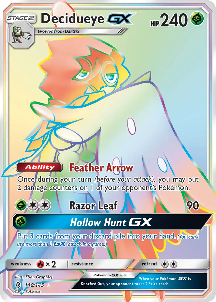 2017 Guardians Rising Decidueye-GX #146/145 Rare Rainbow card image