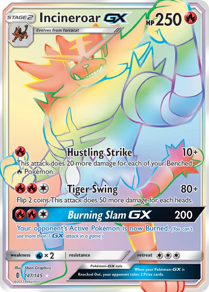 2017 Guardians Rising Incineroar-GX #147/145 Rare Rainbow card image