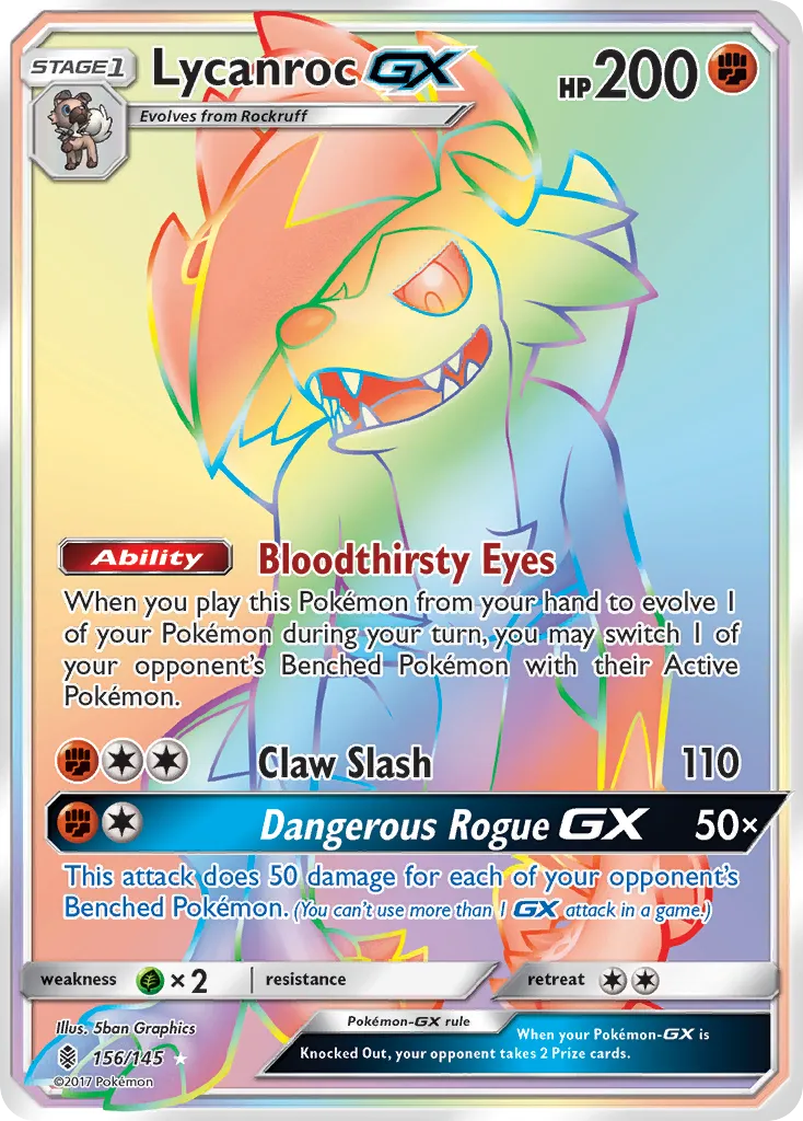 2017 Guardians Rising Lycanroc-GX #156/145 Rare Rainbow card image