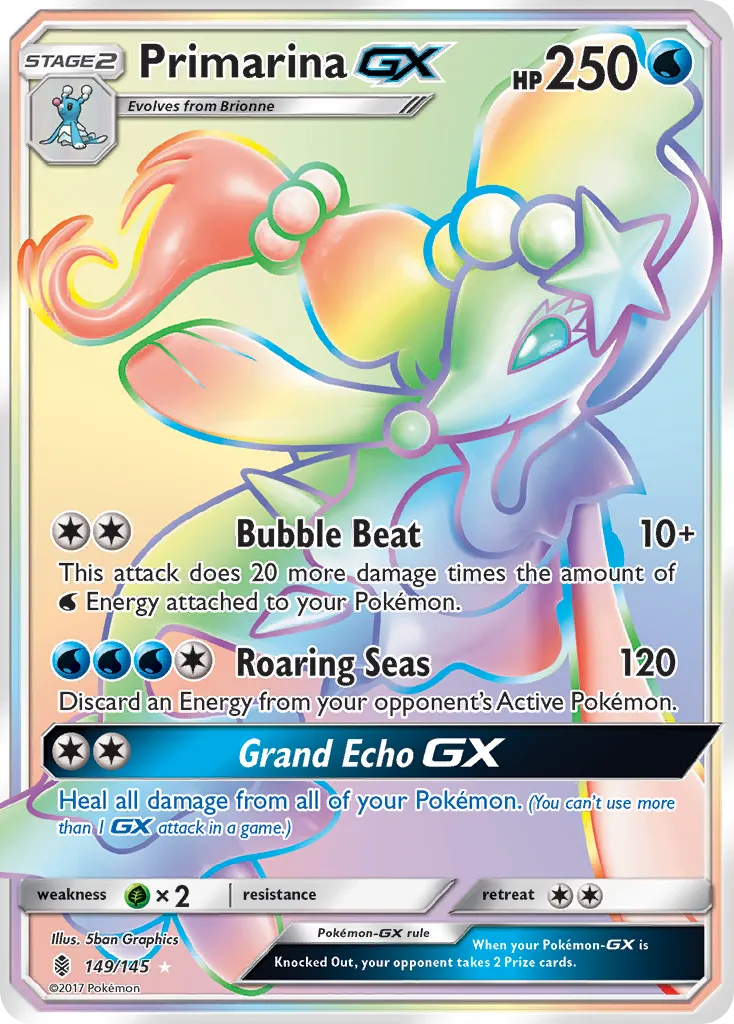 2017 Guardians Rising Primarina-GX #149/145 Rare Rainbow card image
