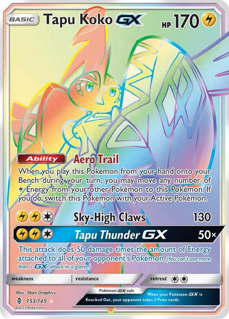 2017 Guardians Rising Tapu Koko-GX #153/145 Rare Rainbow card image