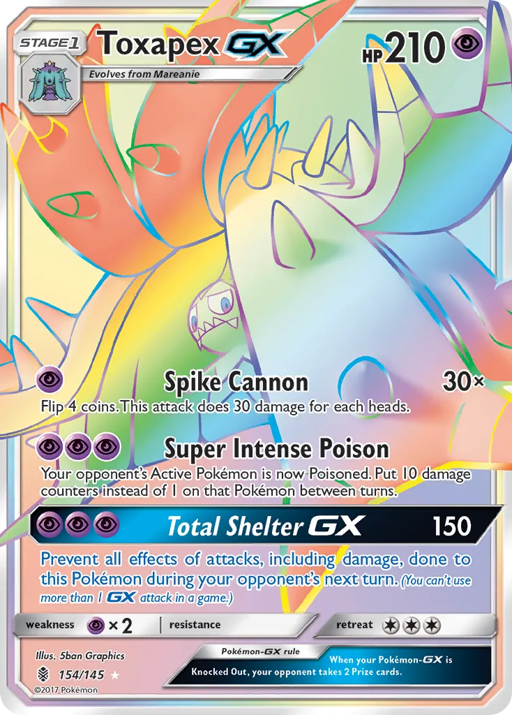 2017 Guardians Rising Toxapex-GX #154/145 Rare Rainbow card image