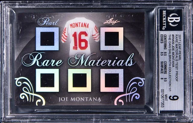 2017 Leaf Joe Montana Pearl Rare Materials Test Proof The Dan Galbraith Collection 1/1 #RM-09 card image