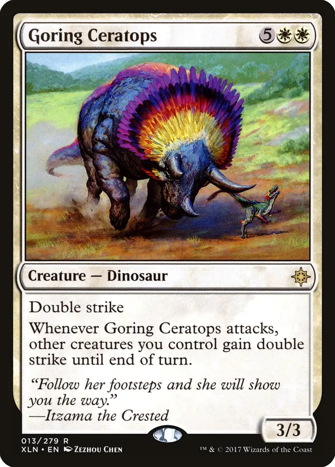 2017 Ixalan Goring Ceratops rare #13 rare card image