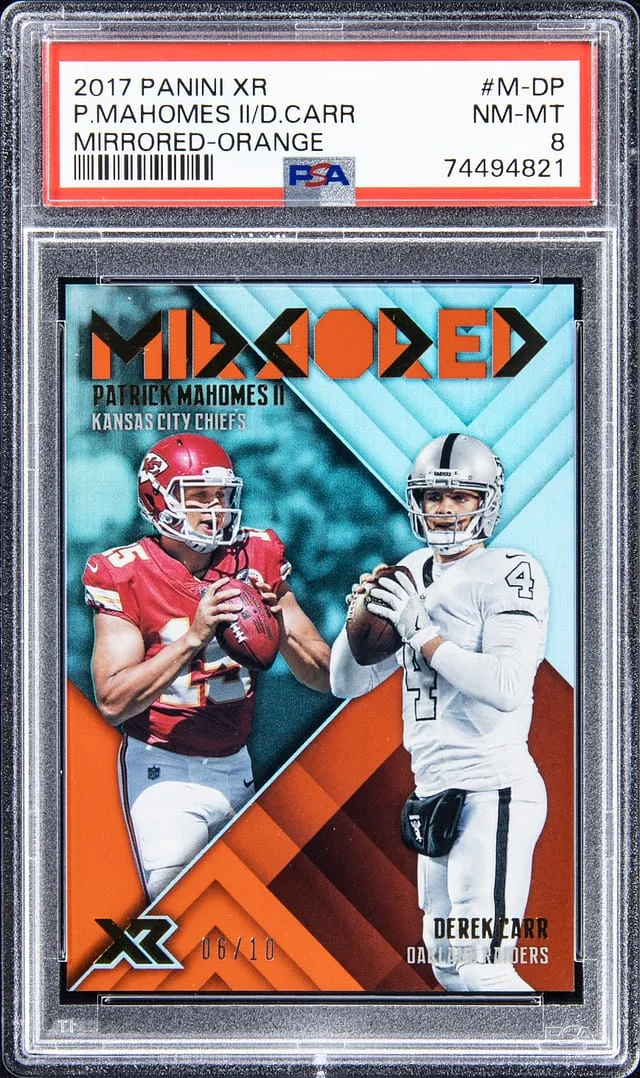 2017 Panin XR Mirrored Orange Patrick Mahomes II/Derek Carr #M-DP card image