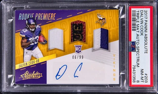 2017 Panini Absolute Dalvin Cook Triple Materials Autograph Spectrum #203 card image