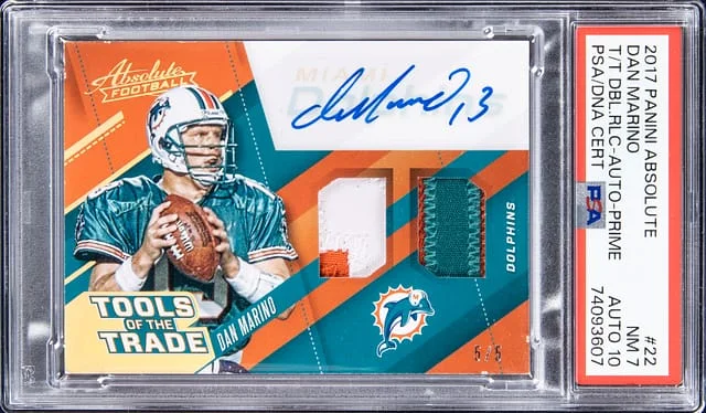 2017 Panini Absolute Dan Marino Tools Of The Trade Double Relic Autograph Prime #22 card image