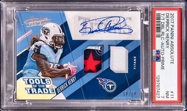2017 Panini Absolute Derrick Henry Tools of the Trade Double Relic Autograph Prime #11 card image