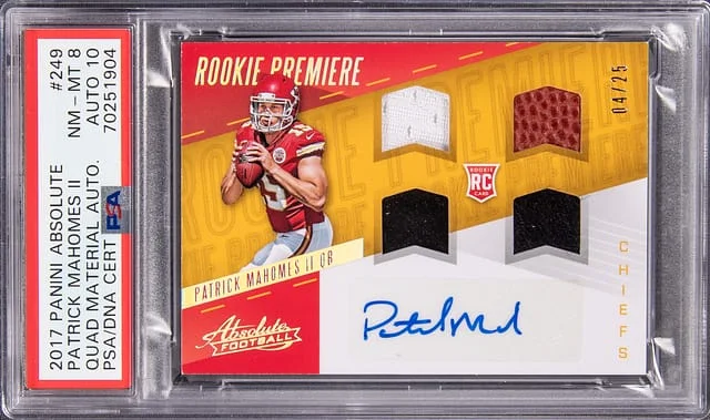 2017 Panini Absolute Patrick Mahomes II Quad Material Autograph #249 card image