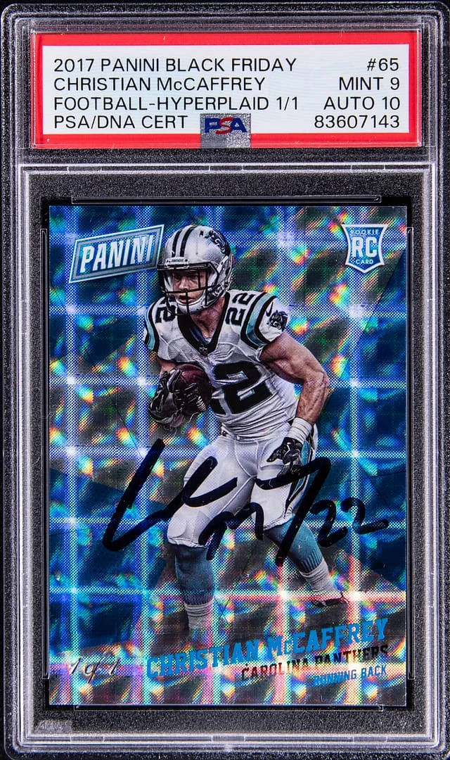 2017 Panini Black Christian Mccaffrey Friday Football Hyperplaid 1/1 #65 card image