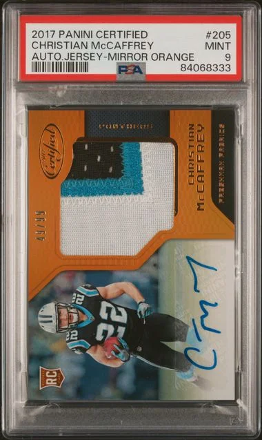 2017 Panini Certified Christian McCaffrey Autograph Jersey Mirror Orange #205 card image