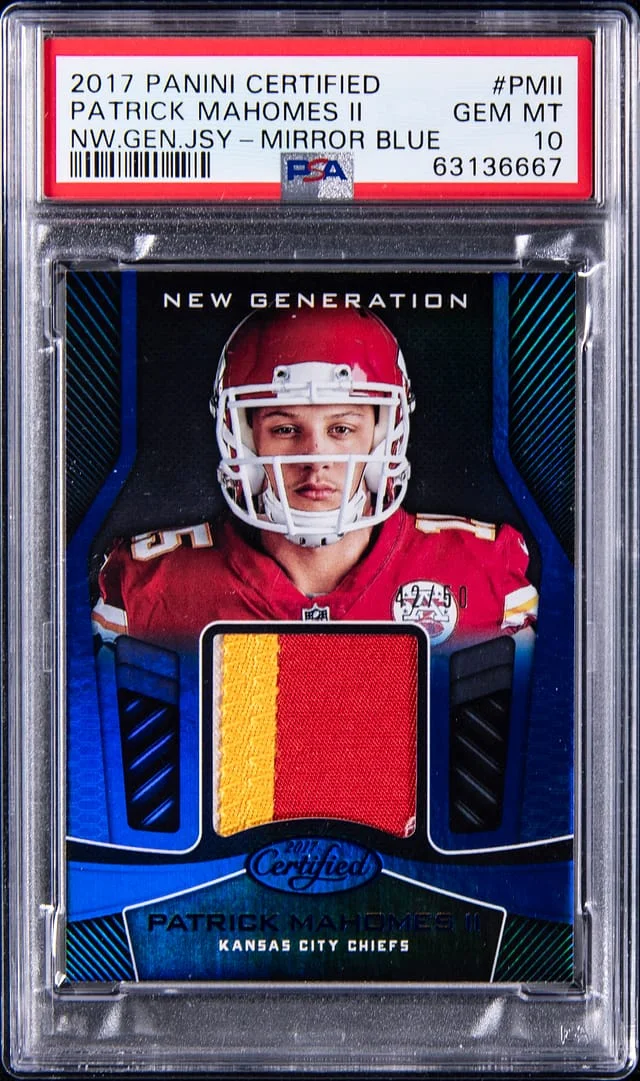 2017 Panini Certified Patrick Mahomes II New Generation Jersey Mirror Blue #NG-PMII card image