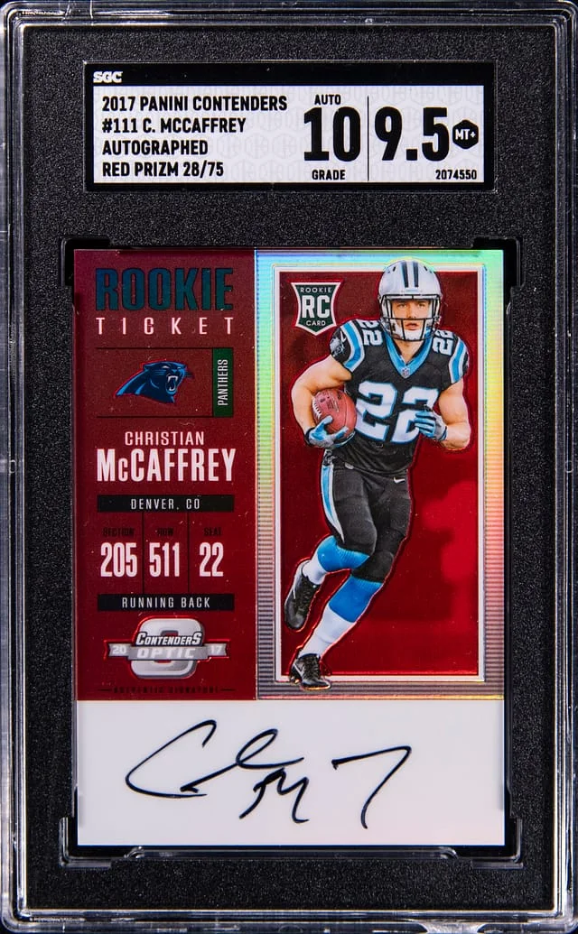 2017 Panini Contenders Christian McCaffrey Ticket Autograph Red Prizm #111 card image