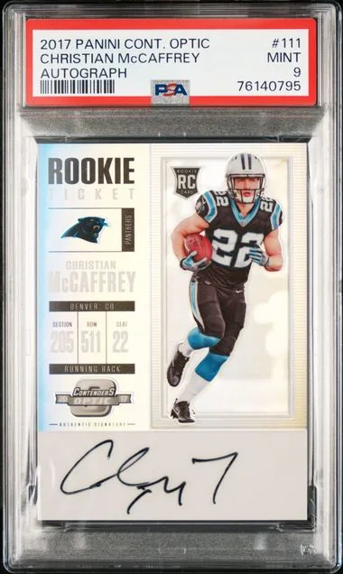 2017 Panini Contenders Optic Christian McCaffrey Ticket Autograph #111 card image