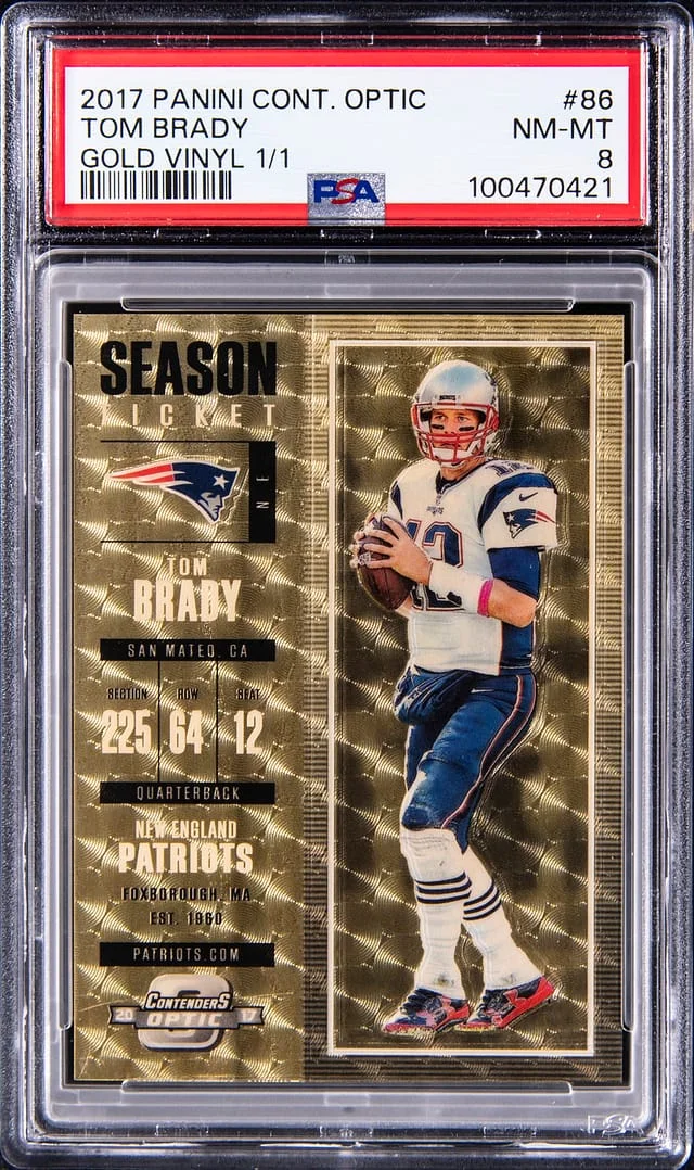 2017 Panini Contenders Optic Tom Brady Season Ticket Gold Vinyl Prizm #86 card image
