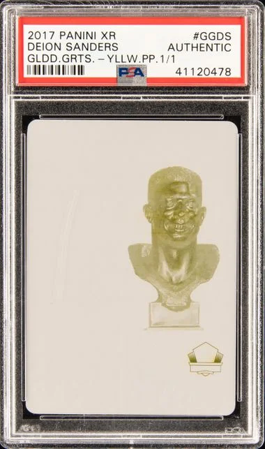 2017 Panini Deion Sanders XR Gilded Greats Yellow Printing Plate #GG-DS card image