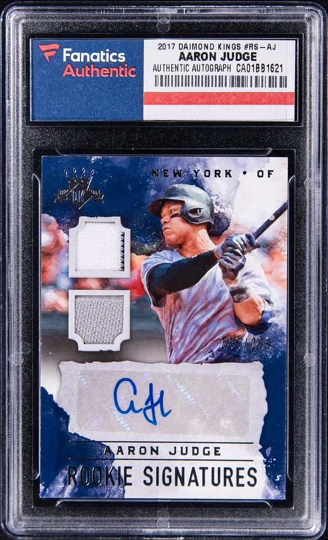 2017 Panini Diamond Kings Aaron Judge Signatures Dual Relic Holo Gold #RS-AJ card image