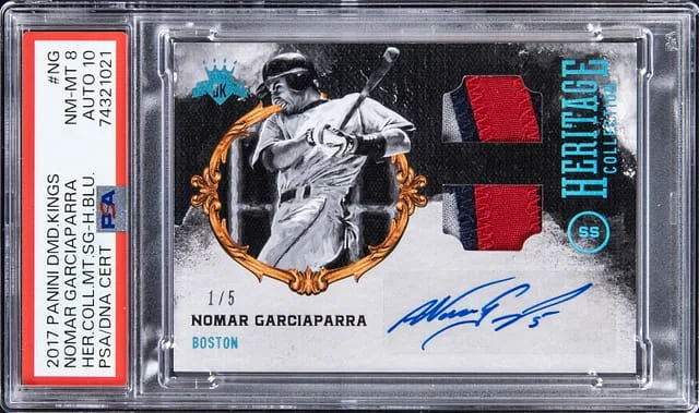 2017 Panini Diamond Kings Nomar Garciaparra Heritage Collection Material Signature Holo Blue #HCMS-NG card image