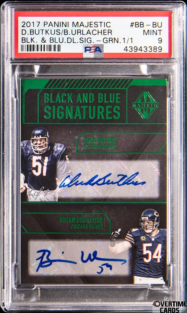 2017 Panini Dick Butkus/Brian Urlacher Multi-Signed Majestic Black & Blue Dual Signatures Green #BB-BU card image