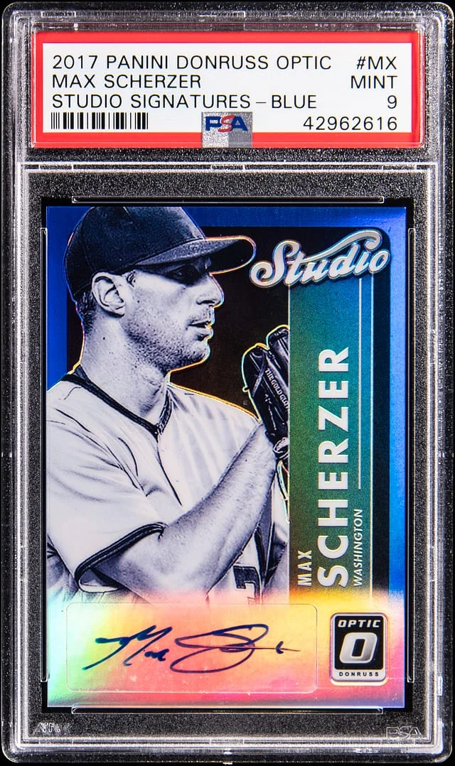 2017 Panini Donruss Optic Max Scherzer Studio Signatures Blue #STS-MX card image