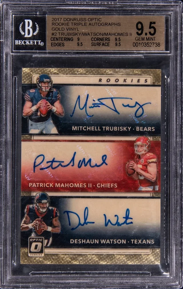 2017 Panini Donruss Optic Patrick Mahomes II/Mitchell Trubisky/Deshaun Watson Multi-Signed Triple Autographs Gold Vinyl Prizm #RTA-QB card image