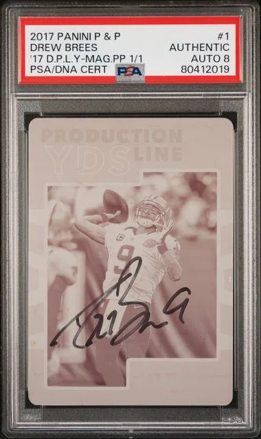 2017 Panini Donruss Production Line Yards-Magenta Printing Plate 1/1 1 Drew Brees Plates & Patches Printing Plate #2017 card image