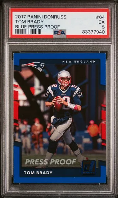 2017 Panini Donruss Tom Brady Blue Press Proof #64 card image
