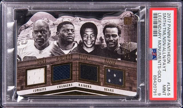 2017 Panini Emmitt Smith/Ladainian Tomlinson/Marcus Allen/Walter Payton Quad Pantheon Legendary Monuments Gold #LM-5 card image