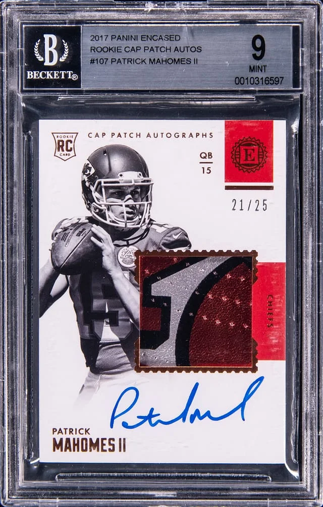 2017 Panini Encased Patrick Mahomes II Cap Patch Autographs #107 card image