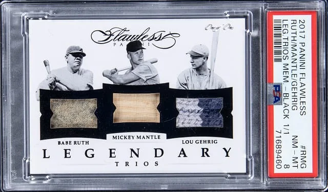 2017 Panini Flawless Babe Ruth, Mickey Mantle/Lou Gehrig Game-Used Legendary Trios Memorabilia Black #LT-RMG card image