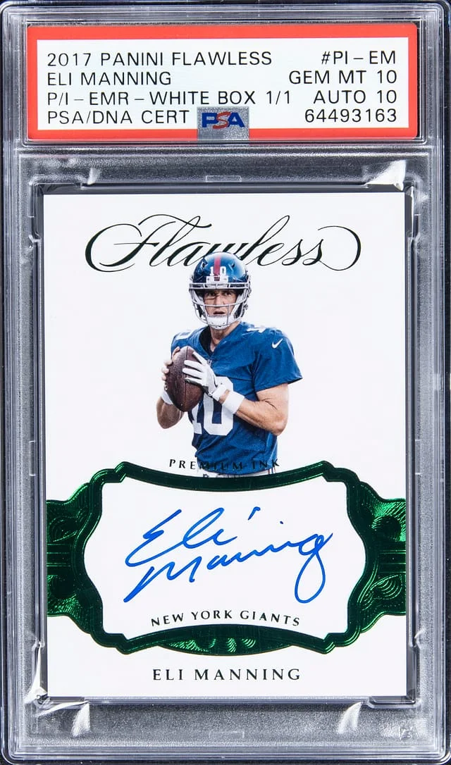 2017 Panini Flawless Eli Manning Premium Ink Emerald White Box #PI-EM card image
