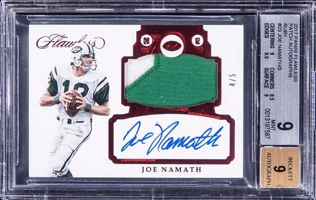 2017 Panini Flawless Joe Namath Patch Autographs Ruby #23 card image