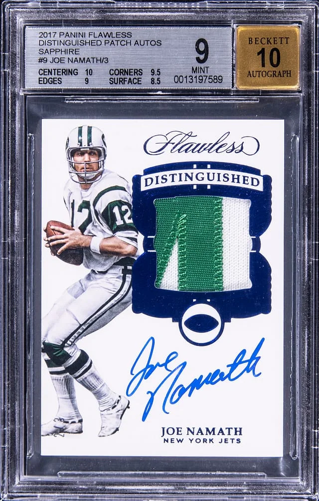 2017 Panini Flawless Joe Namath Distinguished Patch Autographs Sapphire #9 card image
