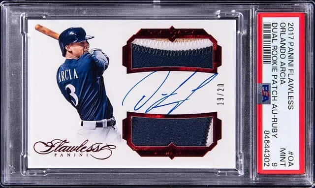 2017 Panini Flawless Orlando Arcia Dual Patch Autograph Ruby #OA card image