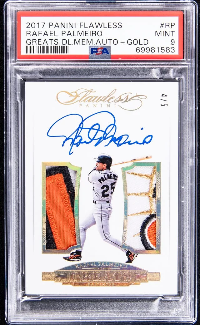 2017 Panini Flawless Rafael Palmeiro Greats Dual Memorabilia Autograph Gold #RP card image