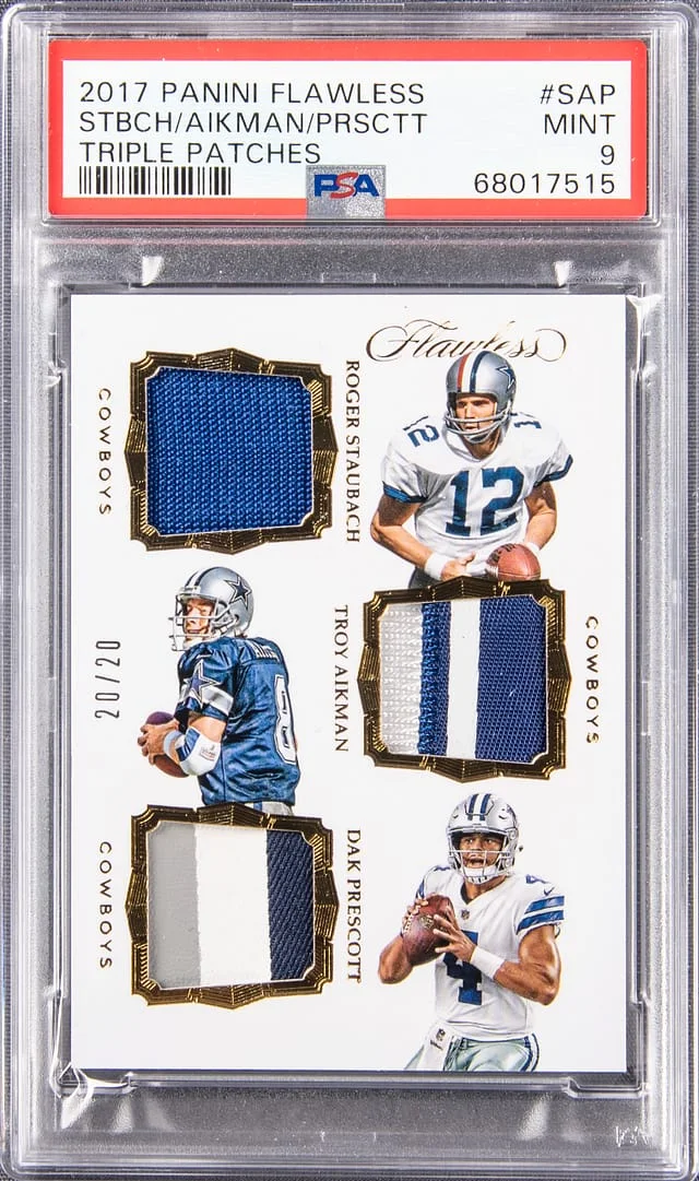 2017 Panini Flawless Roger Staubach/Troy Aikman/Dak Prescott Multi-Patch Triples Patches #TP-SAP card image